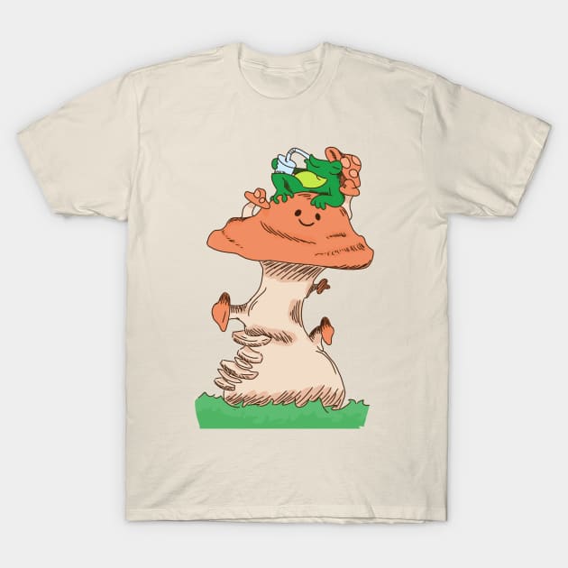 Frog sipping cold, refreshing,water on a mushroom. T-Shirt by MAC<3